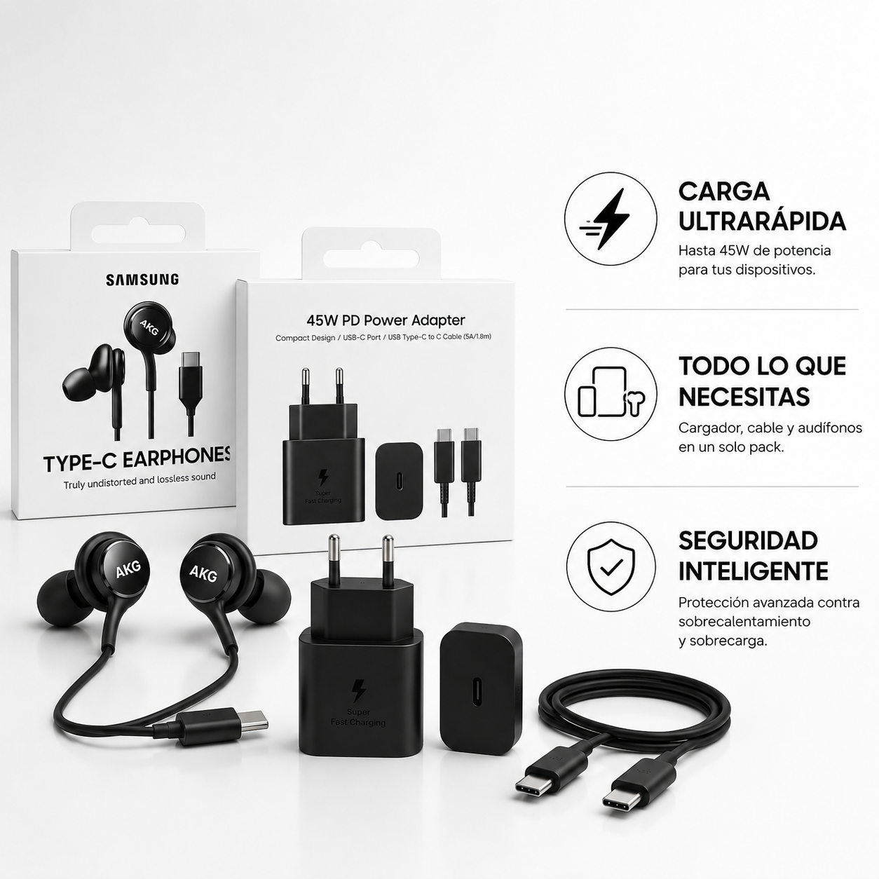 Cargador Samsung 45W + Manos Libres AKG — Carga Super Rápida + Audio Premium
