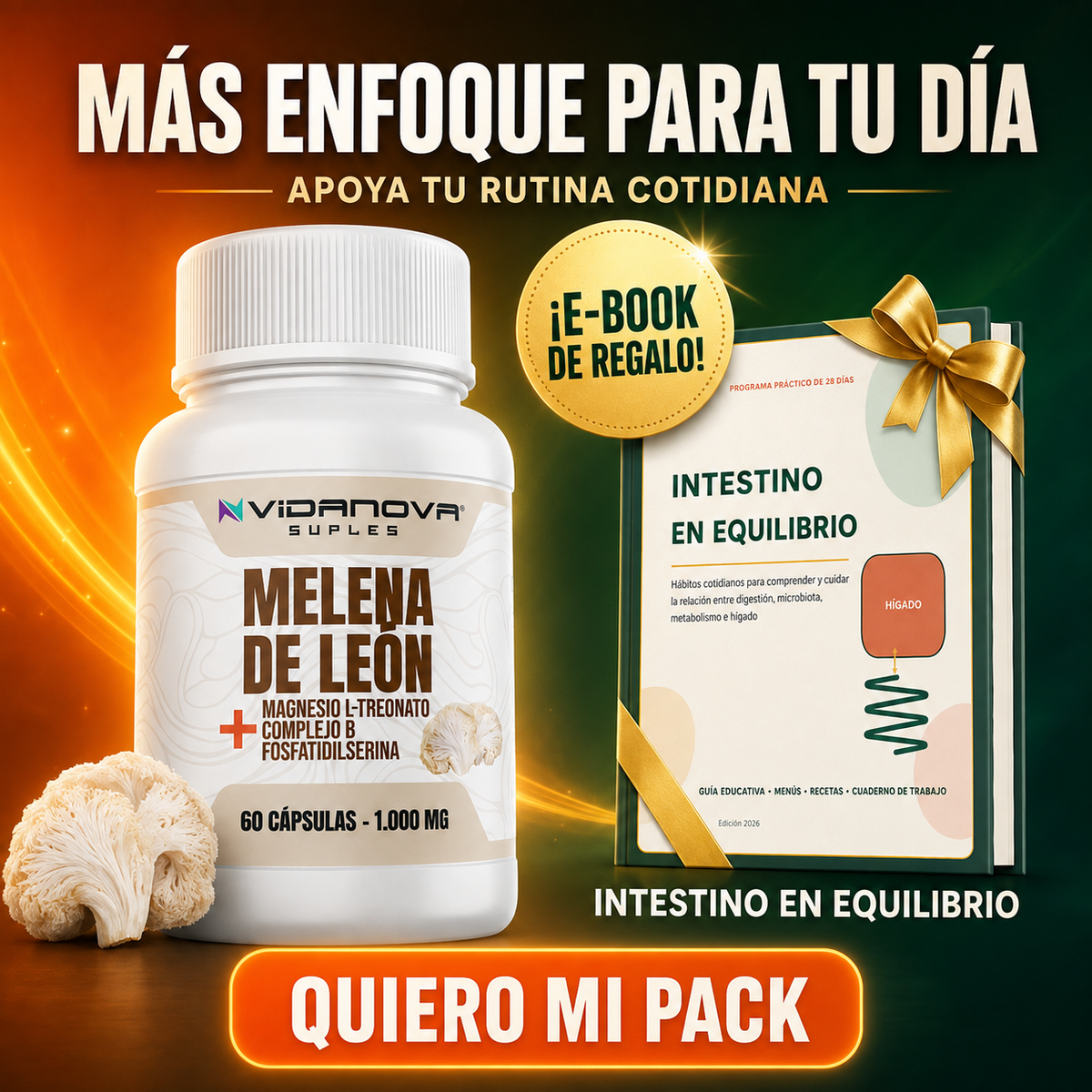 Melena de León Fortificada — Foco, Memoria y Energía Mental | 60 Cápsulas + E-book Gratis