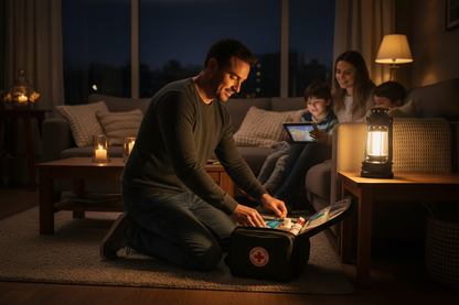 Familia chilena usando el Pack Hogar Preparado Pro durante un corte de luz
