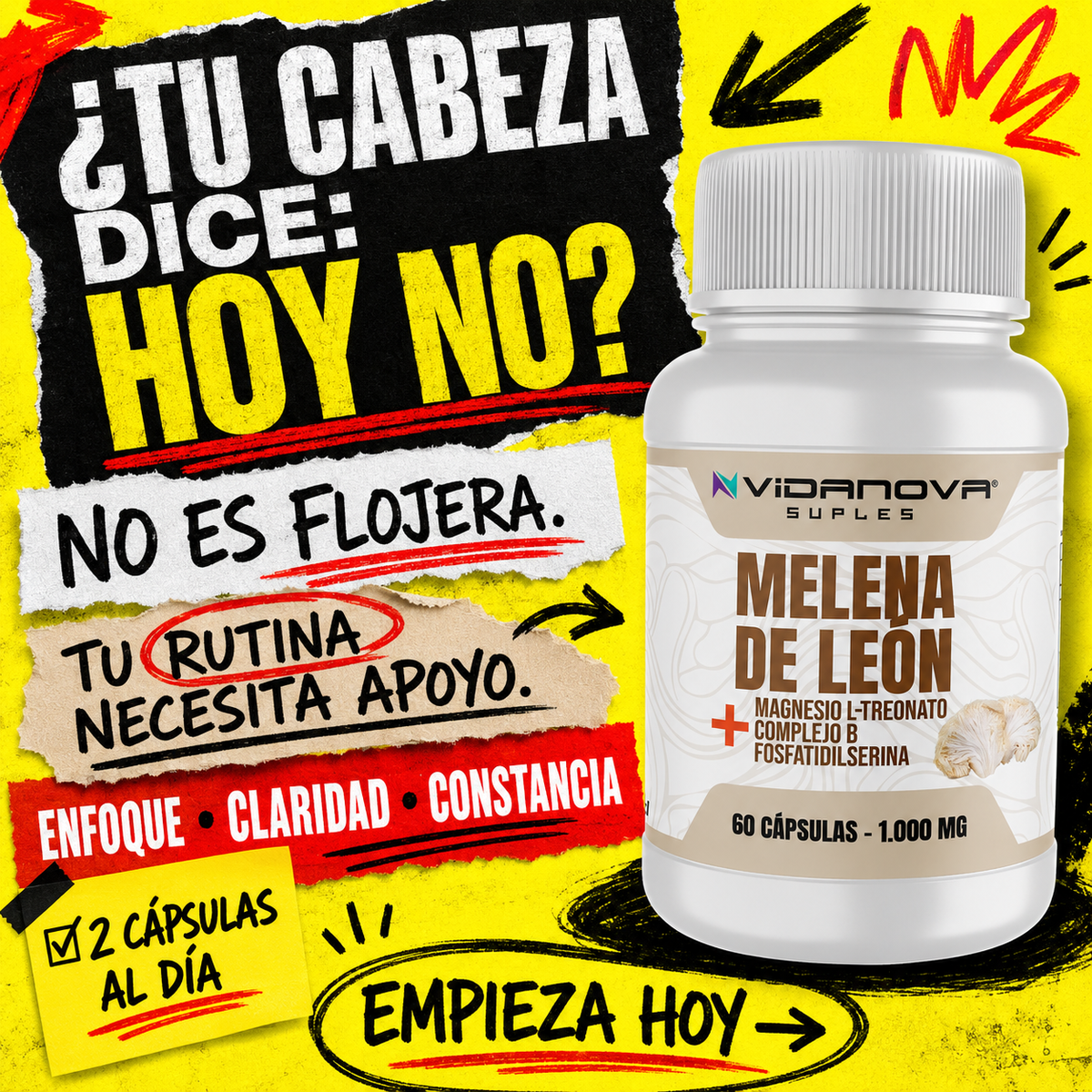 Melena de León Fortificada — Foco, Memoria y Energía Mental | 60 Cápsulas + E-book Gratis