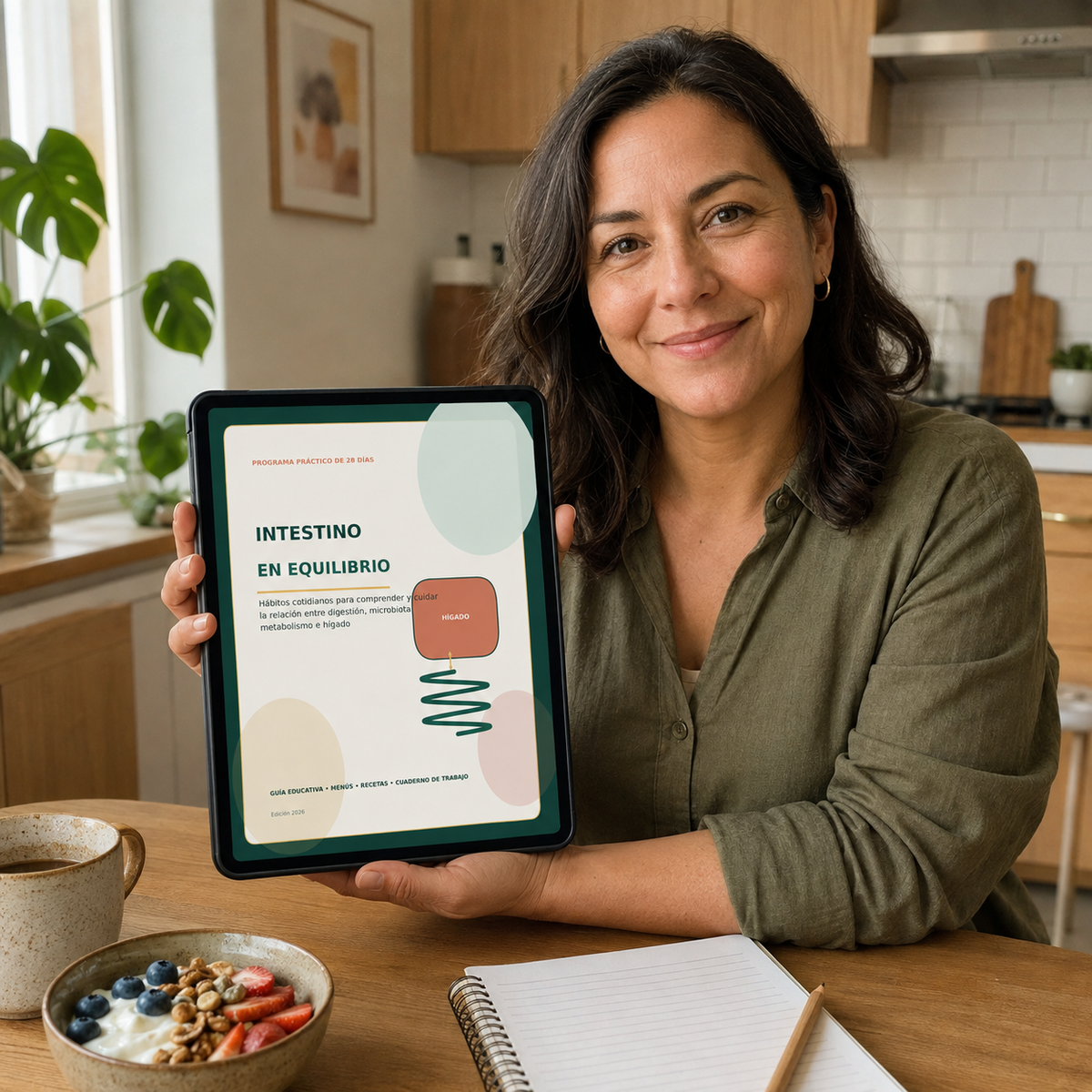 UGC - Mujer mostrando el e-book Intestino en Equilibrio