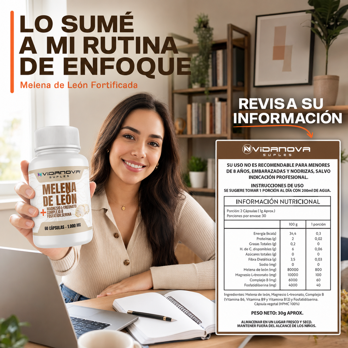 Melena de León Fortificada — Foco, Memoria y Energía Mental | 60 Cápsulas + E-book Gratis